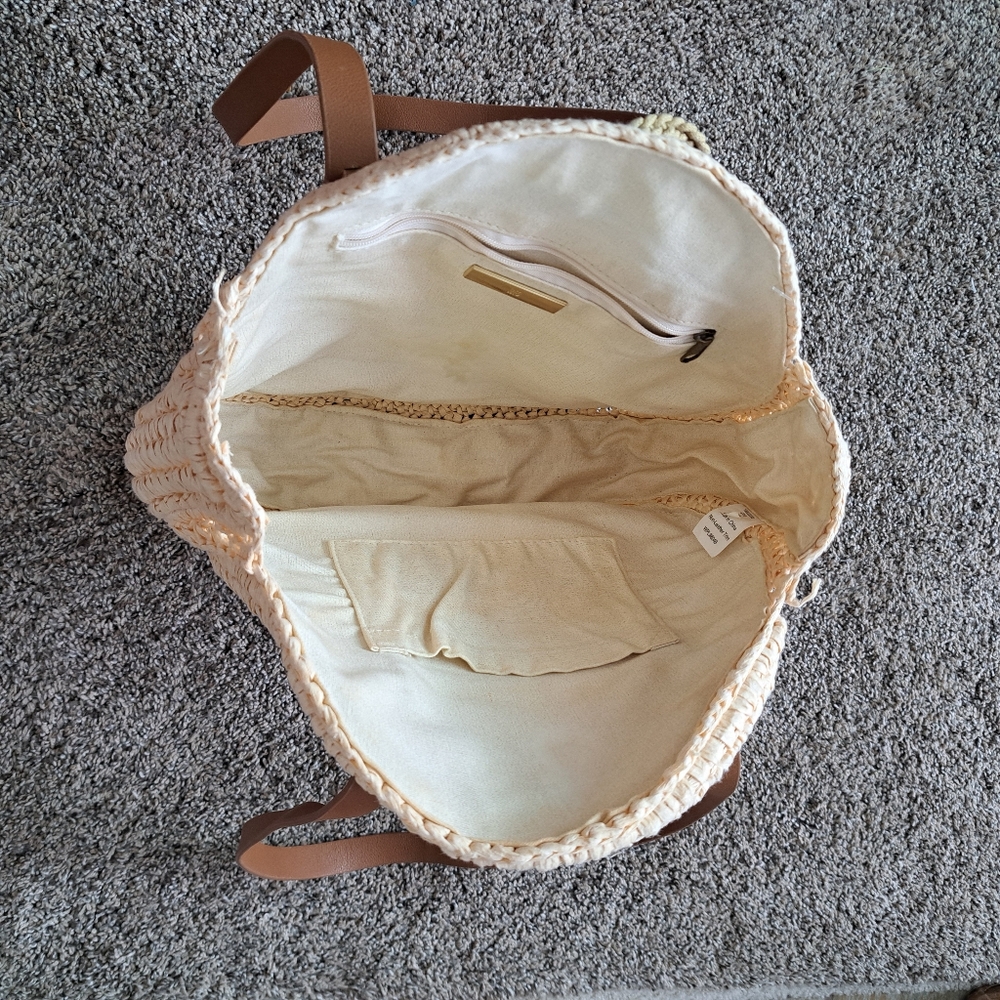 INC Melani Woven Straw Circle Bag/Purse, Natural, Vegan Leather Straps - Picture 7 of 10